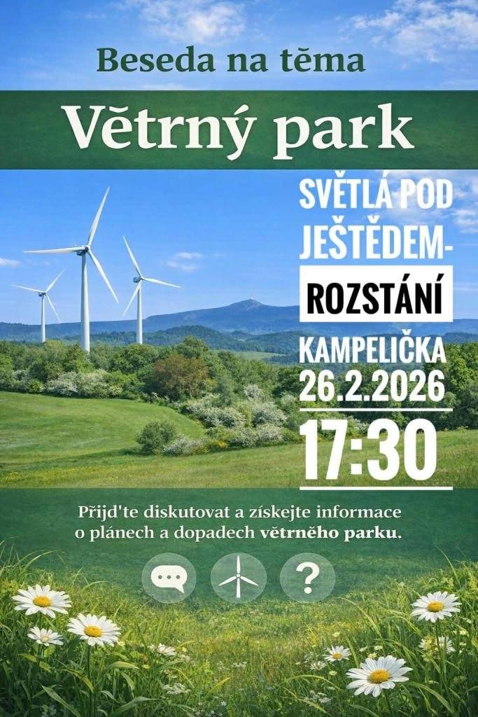 Zveme vás na besedu věnovanou tématu větrného parku. Přijďte diskutovat a získat více informací o plánovaných záměrech, možných dopadech a přínosech větrného parku pro obec i okolí. 📅 Kdy: čtvrtek 26. 2. 2026 od 17:30 hodin 📍 Kde: Kampelička, Rozstání čp. 1