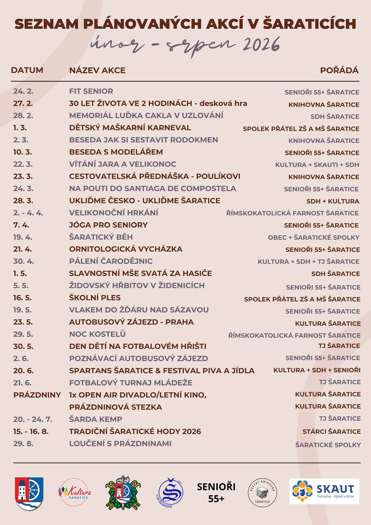 Vážení občané, v pondělí 26. 1. 2026 se na pozvání Kultury Šaratice uskutečnilo tradiční setkání místních spolků. Společně jsme sladili termíny a naplánovali akce až do konce srpna 2026. Upozorňujeme, že může dojít ke změnám. Pořádající spolek vás bude vždy včas informovat před konáním akce. Aktuální informace najdete na webu obce, v aplikaci Munipolis a na obecních vývěskách.