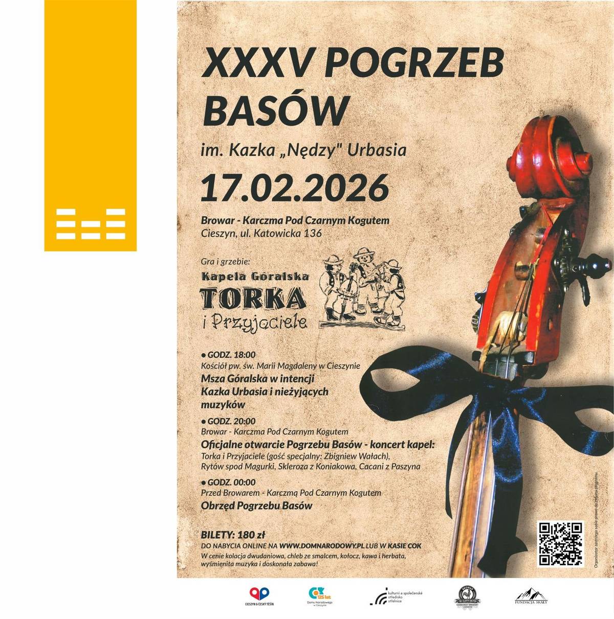 Těšínské Slezsko zakončí v úterý 17. 2. 2026 masopustní veselí tradičním „pochováním basy“ za doprovodu hudebníků a goralské muziky v podání místních kapel. Přijďte si užít jedinečnou atmosféru, skvělou hudbu i poslední masopustní veselí před začátkem postního období. Více informací najdete ZDE.  Srdečně zvou organizace Cieszyński Ośrodek Kultury „Dom Narodowy“ – COK a Kulturní a společenské středisko „Střelnice“ – Kass.