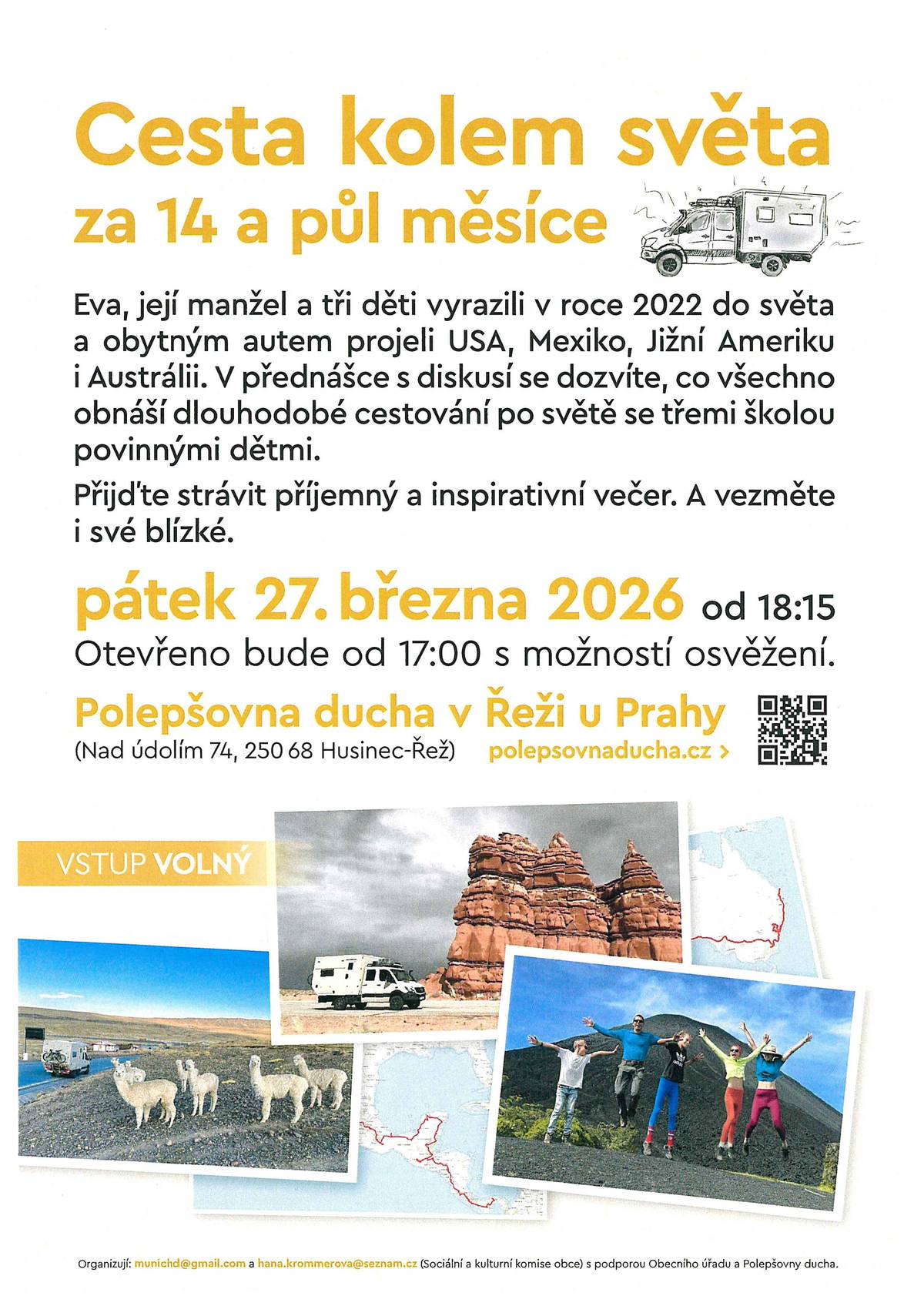 Zveme vás na cestovatelskou přednášku, která proběhne dne 27.3.2026 od 17:00 v Polepšovně ducha v Řeži.