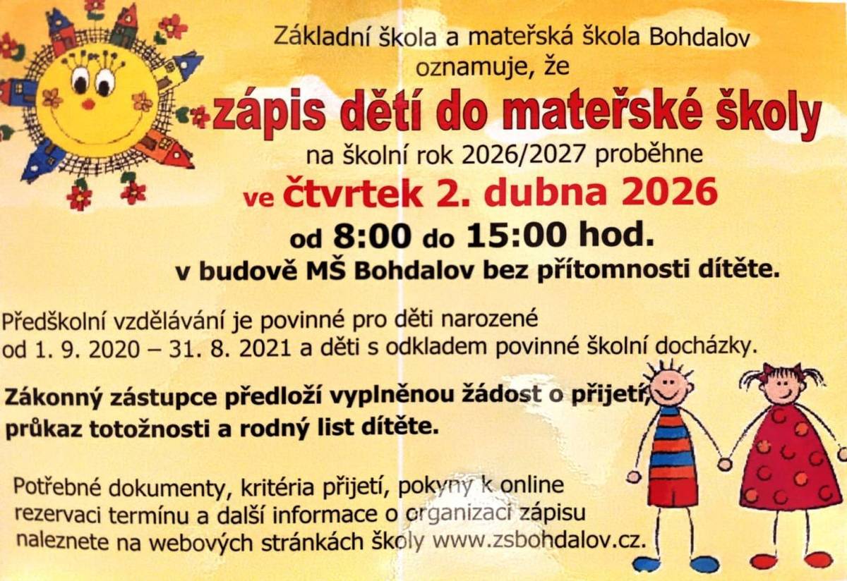Zápis dětí do mateřské školy Bohdalov bez přítomnosti dětí  dne 2. dubna 2026