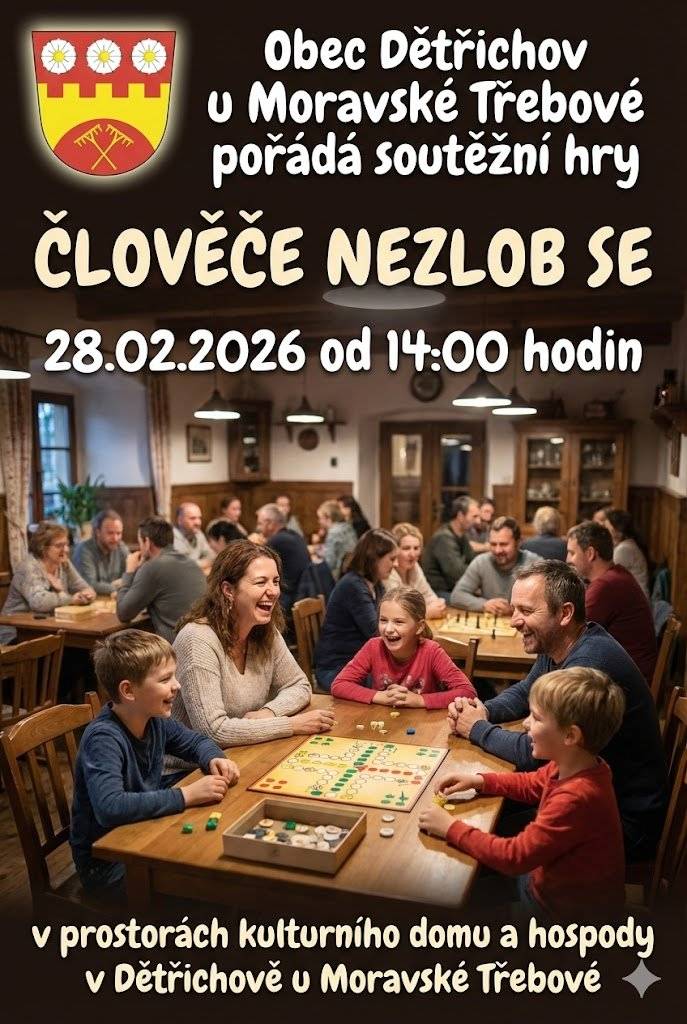 Obec Dětřichov u Moravské Třebové Vás srdečně zve na soutěžní hry "Člověče nezlob se", které se uskuteční v sobotu 28.02.2026 od 14:00 hod. v prostorách kulturního domu a hospody.