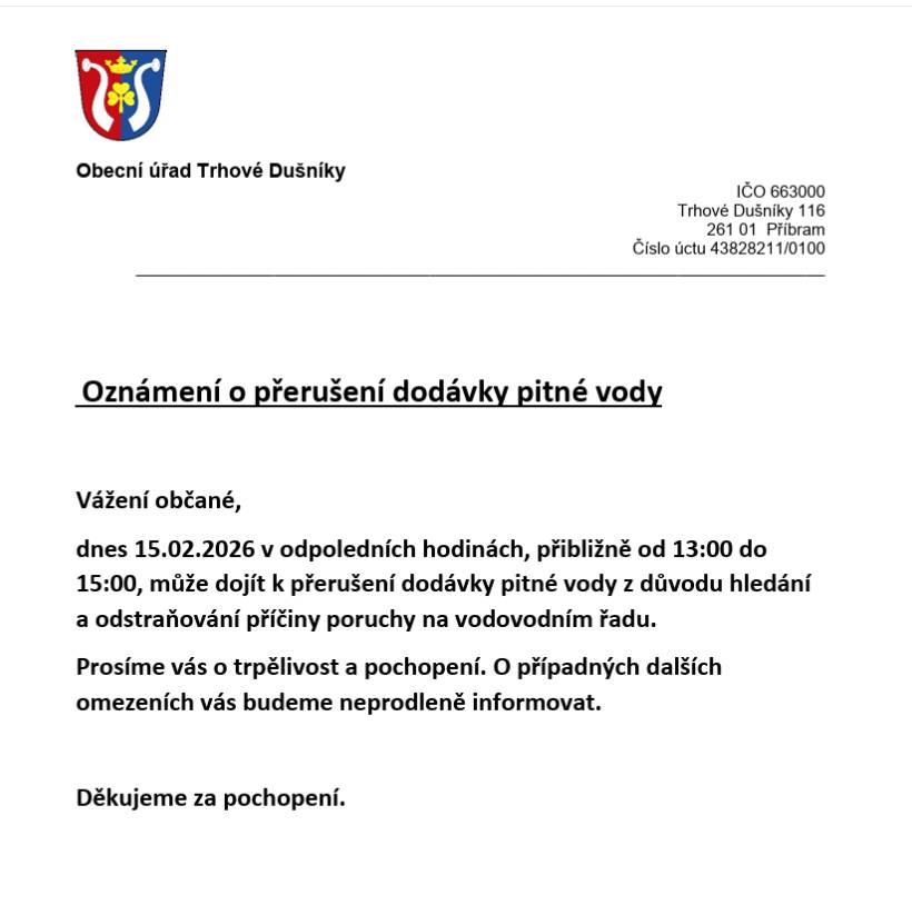 Oznámení o přerušení dodávky pitné vody dne 15.2.2026.