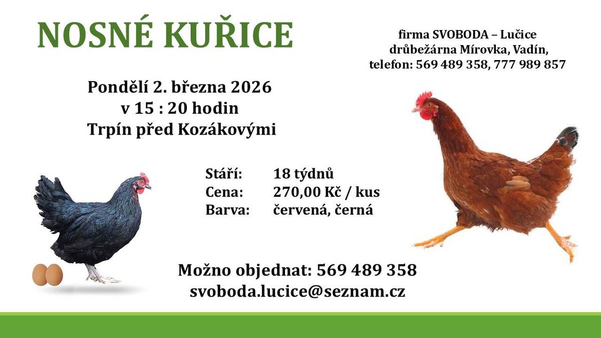Firma Svoboda Lučice bude prodávat v pondělí 2. března 2026 v 15:20 hodin před Kozákovými nosné kuřice, stáří 18 týdnů, cena 270,00 Kč/kus, barva červená a černá. Objednání je možné na  tel. 569 489 358