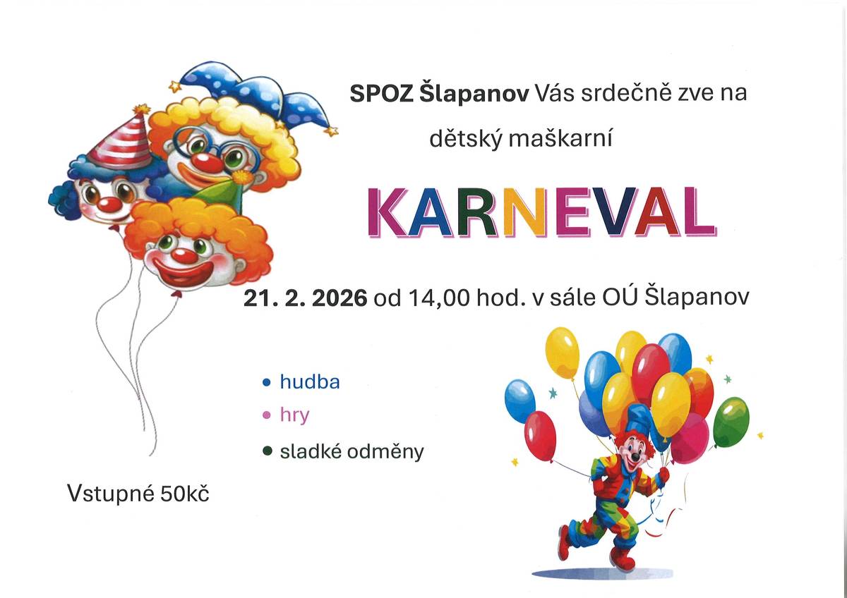 Připomínáme, že již tuto sobotu 21.2.2026 pro Vás připravujeme dětský karneval v kulturním sále od 14,00 hod.