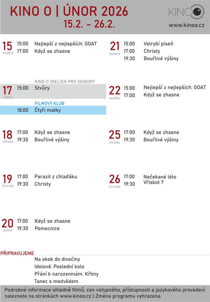 Druhá polovina února bude patřit silným příběhům, filmovým legendám i klubovým lahůdkám. Vyberte si z pestré nabídky a přijďte si užít filmový večer do Kino O Orlová. Těšit se můžete například na výběr Nejlepší z nejlepších: GOAT, opakované projekce divácky oblíbeného filmu Když se zhasne, klasiku Bouřlivé výšiny, klubový film ...