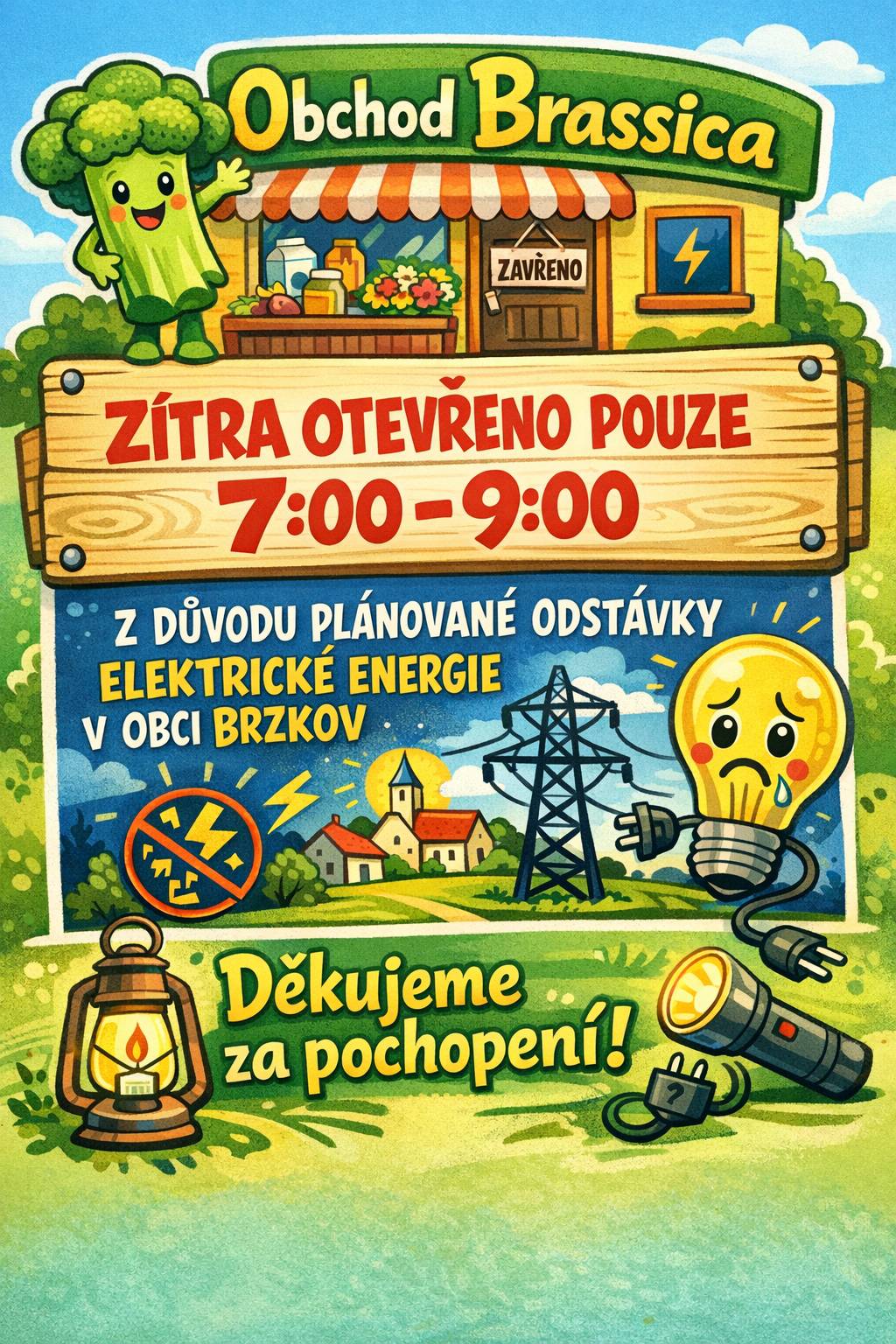 Obchod Brassica bude zítra otevřen pouze od 7:00 do 9:00 z důvodu plánované odstávky elektrické energie v obci Brzkov. Děkujeme za pochopení.