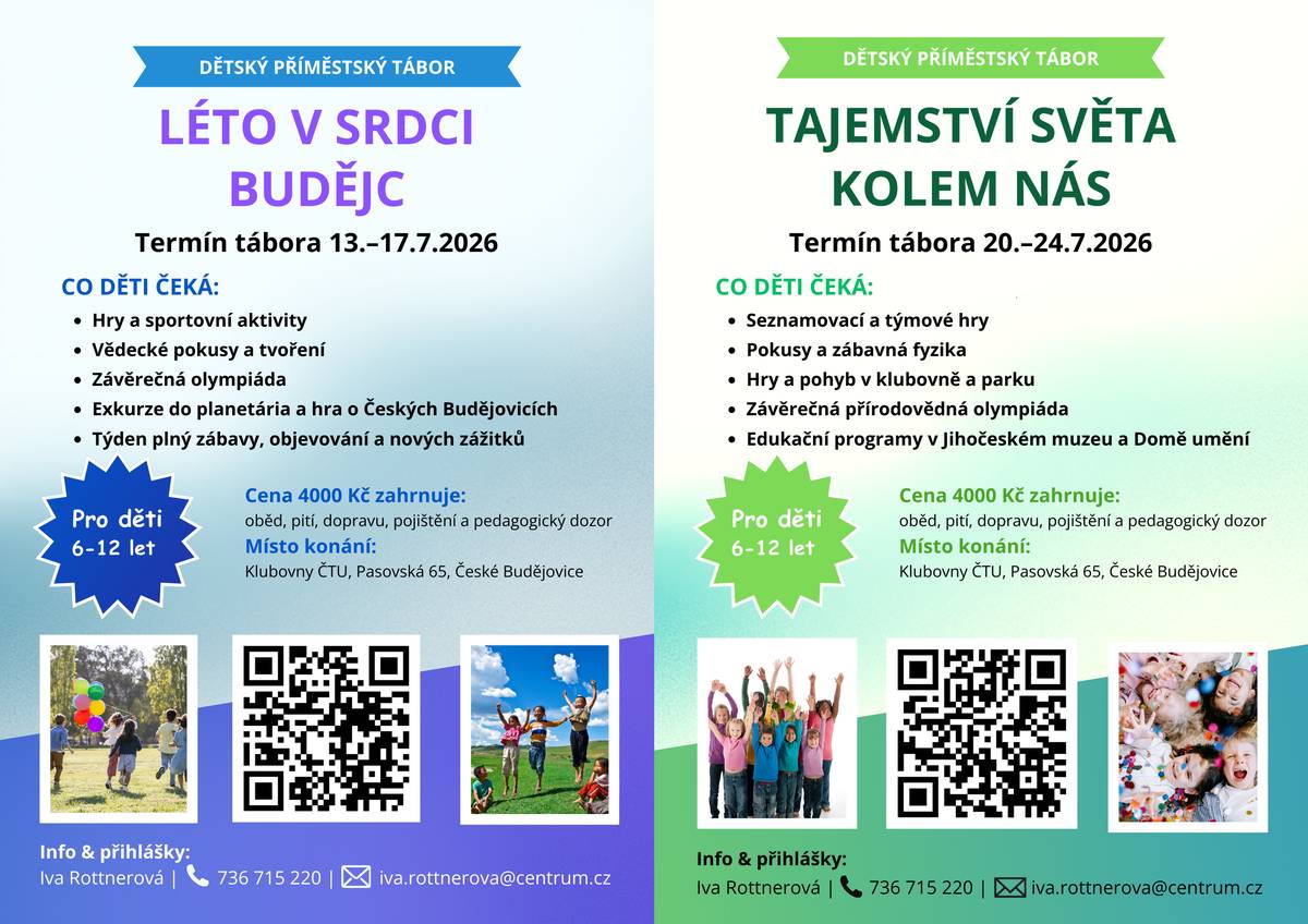 Pro rodiče, kteří již přemýšlí, jak zabavit své děti o prázdninách, sdílíme nabídku paní Rottnerové, která letos pořádá dva příměstské tábory v Českých Budějovicích.