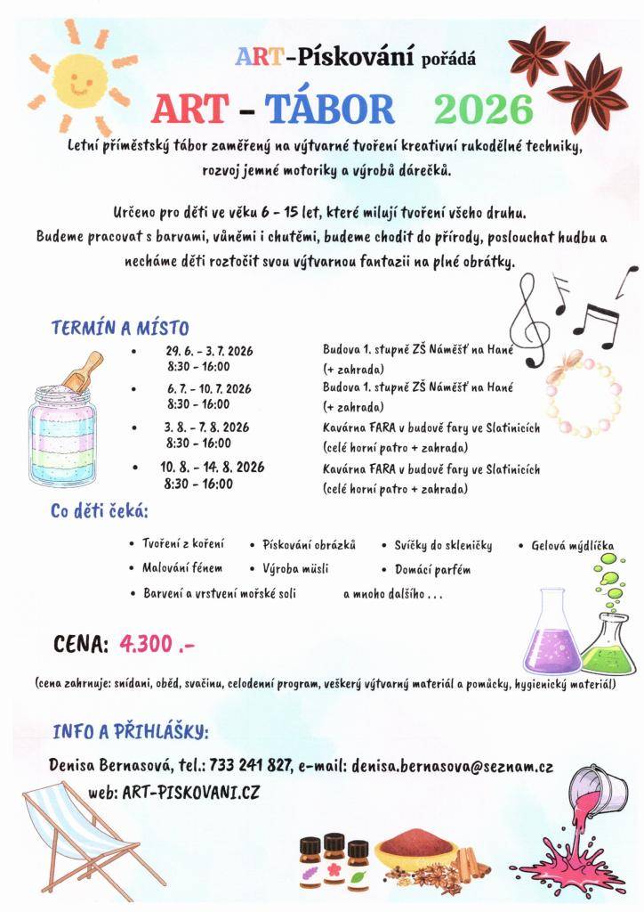 ART - Pískování pořádá letní příměstský tábor zaměřený na výtvarné tvoření kreativní rukodělné techniky...