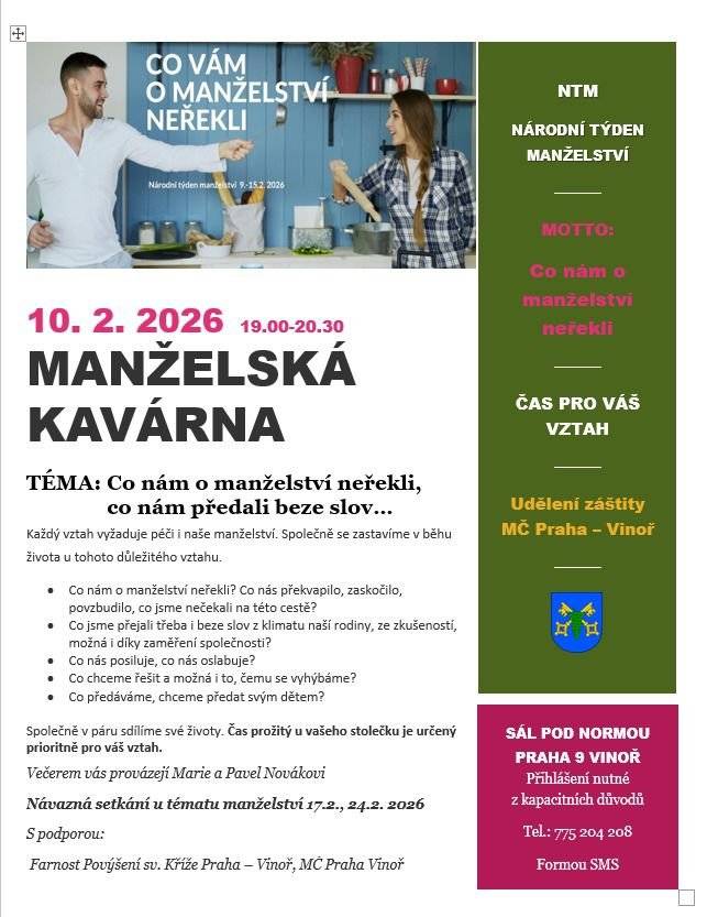 V úterý 17. 2. se pokračuje Manželská kavárna druhým setkáním. Ve středu 18. 2. od 18 hodin můžete zajít za starostou a radními na pivo/limo k Černínům. V pátek 20. 2. je svoz velkoobjemového odpadu, kontejner bude v ulici Bohdanečská (mezi domy čp.250 a čp.40)   14:00 – 18:00 hodin. V sobotu 21. 2. je na golfu Setkání s Dominikem Dvořákem a Příběhy z olympiády. V sobotu a neděli jsou na Hoffmanově dvoře Zabíjačkové hody. Velký herní den je v neděli 22. 2. od 10 do 14 na golfu.