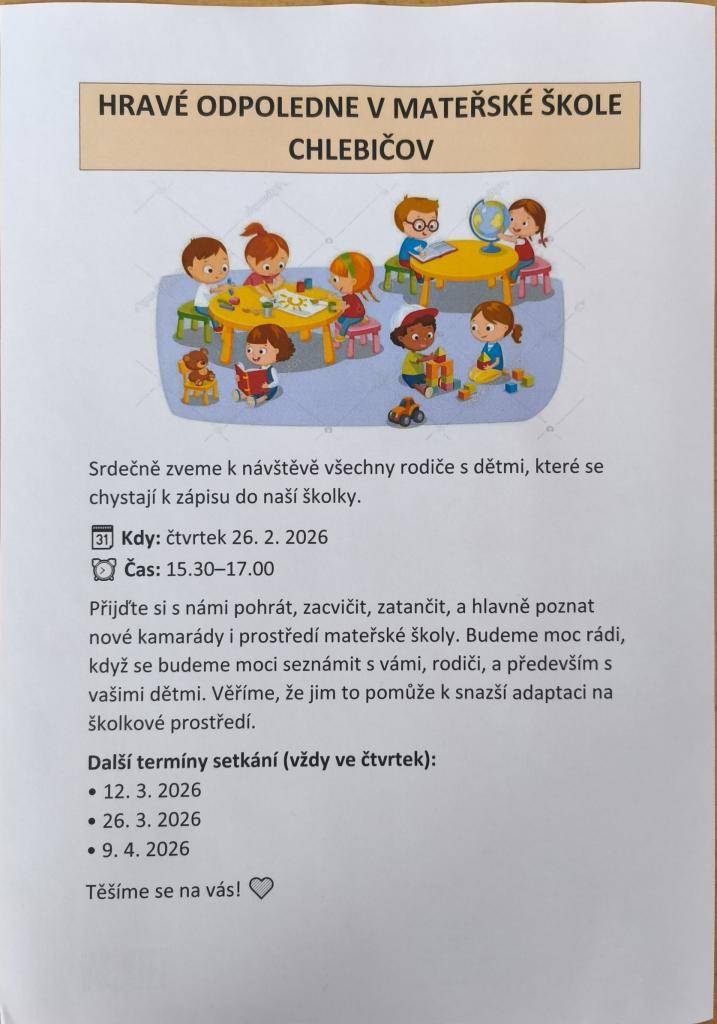 Hravé odpoledne v Mateřské škole Chlebičov  čtvrtek 26. 2. 2026 od 15.30.