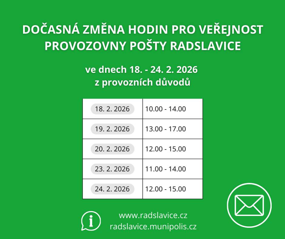 Vážení spoluobčané, z provozních důvodů dochází v období od středy 18. února do úterý 24. února 2026 k dočasné úpravě hodin pro veřejnost na naší pobočce pošty. Děkujeme za pochopení.