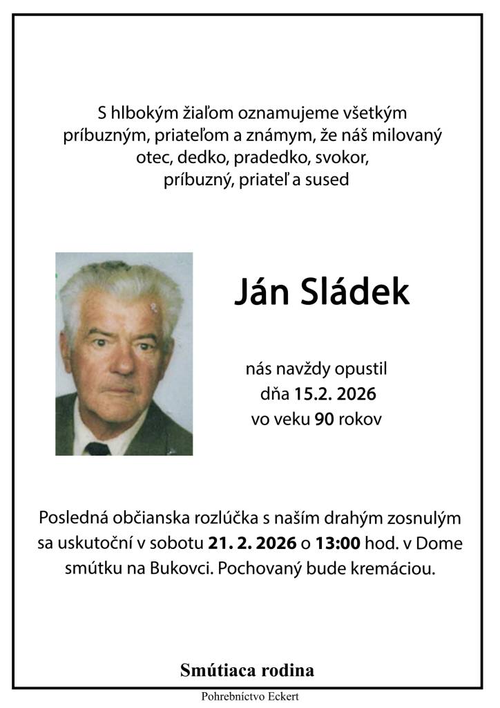 Smútočné oznámenie - Ján Sládek
