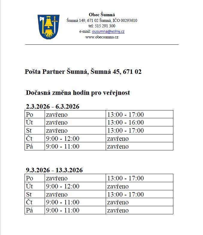 Dočasná změna hodin pro veřejnost