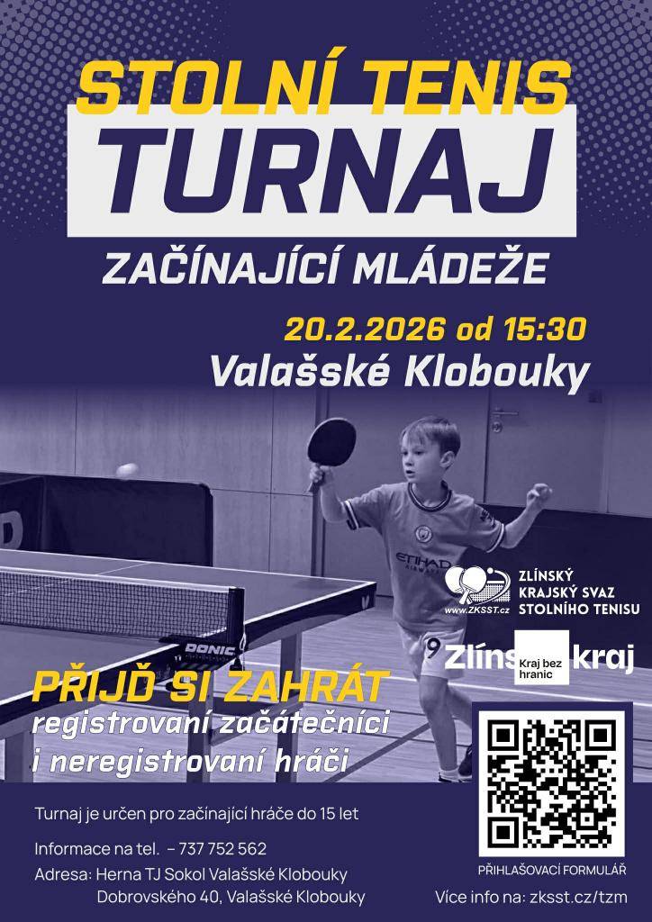 Turnaj ve stolním tenise 20.února v 15.30 tělocvična TJ Sokol