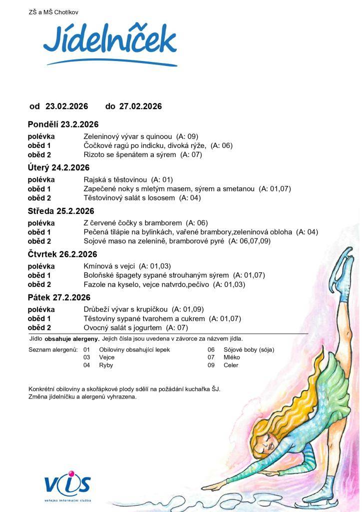 Jídelní lístek ZŠ a MŠ Chotíkov na týden 23. 02. 2026 - 27. 02. 2026.