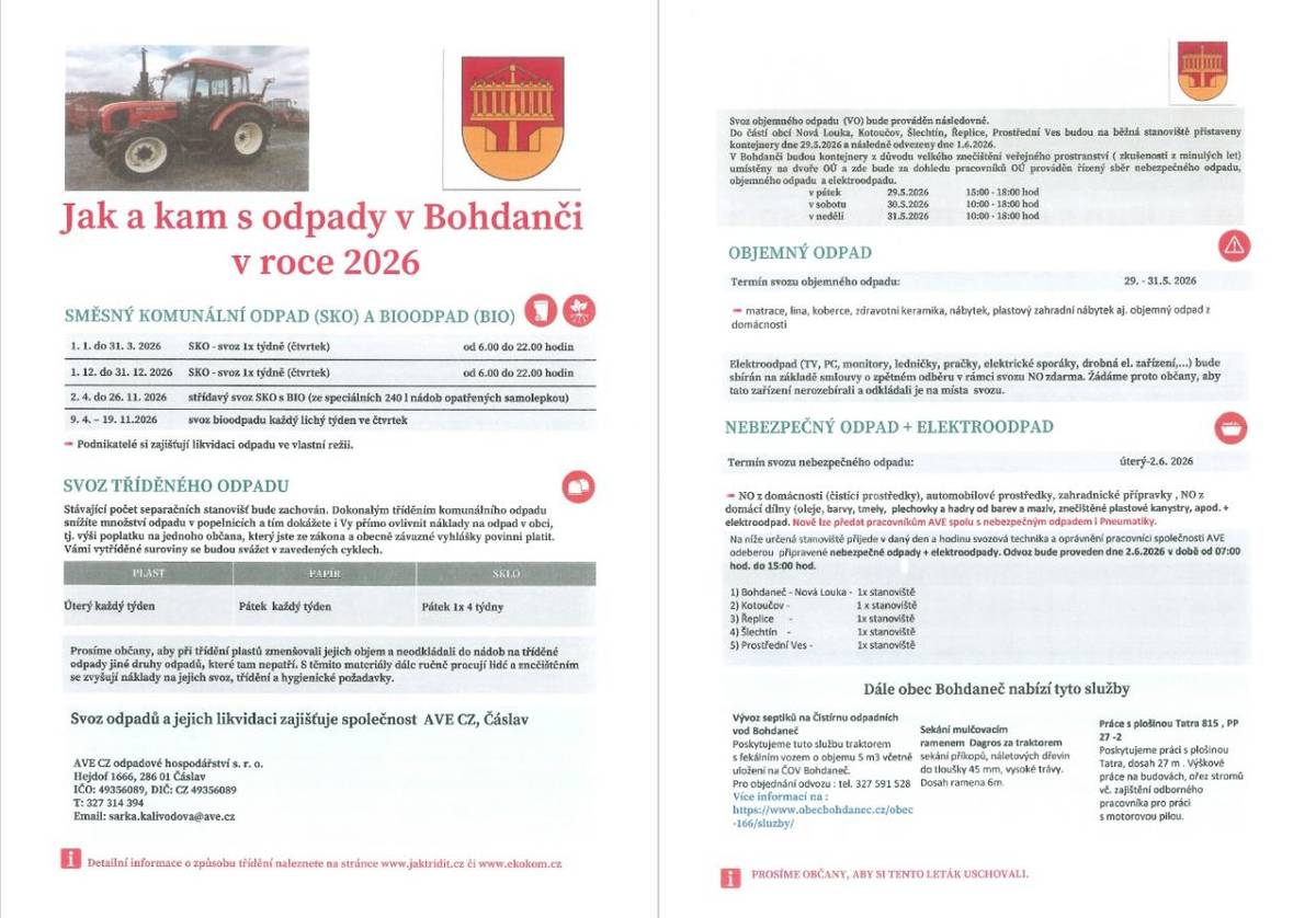 přílohou této zprávy je sdělení jak a kam s odpady pro Obec Bohdaneč v roce 2026. Letáky jsou k dispozici na Poště partner Bohdaneč.
