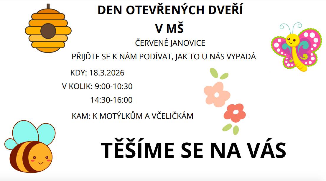 MŠ Červené Janovice zve rodiče s dětmi na Den otevřených dveří.