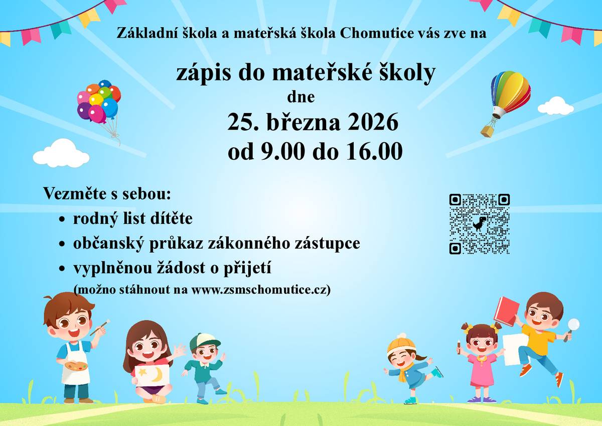 Základní škola a mateřská škola Chomutice zve na zápis do mateřské školy dne 25. března 2026 od 9.00 do 16.00