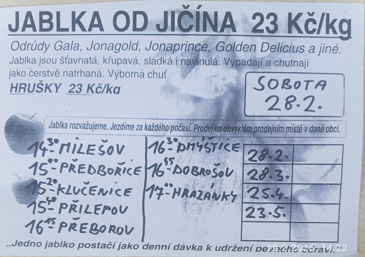 V sobotu 28.2. 2026 ve 14 hodin 30 minut se bude konat v Milešově na návsi prodej jablek od Jičína. Poté ještě 28.3. , 25.4. a 23.5. vždy ve stejném čase to jest 14 hodin 30 minut.