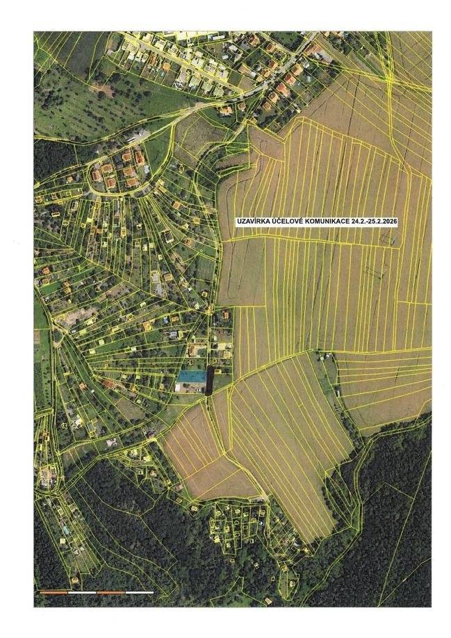 Z důvodu vybudování elektrické přípojky ke stavbě na pozemku 1273/4 v chatové oblasti bude v úterý 24.2. a středu 25.2.2026 v době od 8.00 do 15.00 hod. uzavřena cesta (viz plánek) a po zbytek dne bude průjezd možný při zvýšené opatrnosti.