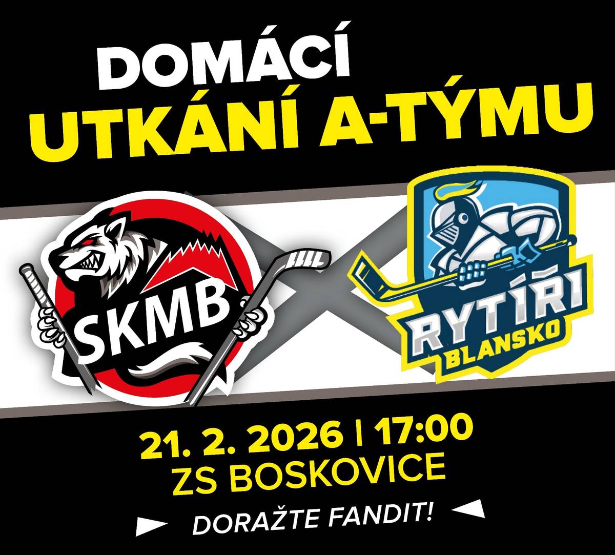 V posledním utkání základní části krajské ligy mužů přivítá v sobotu 21. 2. 2026 v 17.00 SKMB Boskovice na domácím ledě tým HC Blansko.