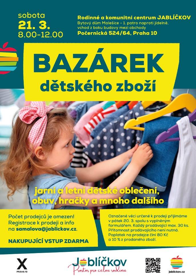 V sobotu 21. března od 8.00 do 12.00 hodin se v Rodinném a komunitním centru Jablíčkov v Bytovém domě Malešice uskuteční oblíbený jarní Bazárek. Na návštěvníky čeká široká nabídka jarního a letního ...