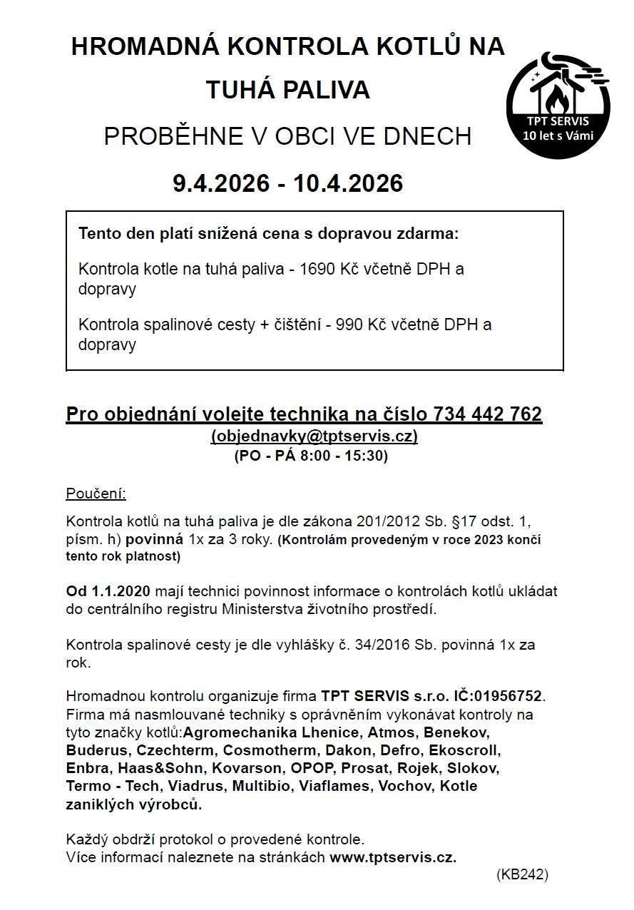 Kontroly kotlů - 9.4.2026 - 10.4.2026