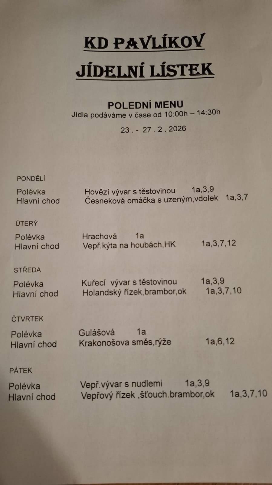 Jídelní lístek KD Pavlíkov od 23.2. do 27.2.2026
