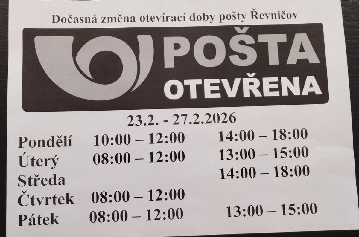 Upozorňujeme občany, že pošta v Řevničově má v týdnu 23.2.-27.2.2026 dočasnou změnu otevírací doby - viz obrázek