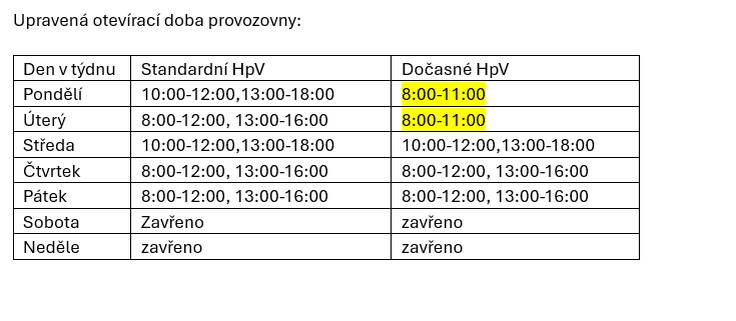 Dovolujeme si Vás informovat o dočasné změně hodin pro veřejnost provozovny ČESKÉ POŠTY Vejprty. Rozsah hodin pro veřejnost bude omezen na nezbytně nutnou dobu ve dnech 23.2.2026 – 24.2.2026 z provozních  důvodů.
