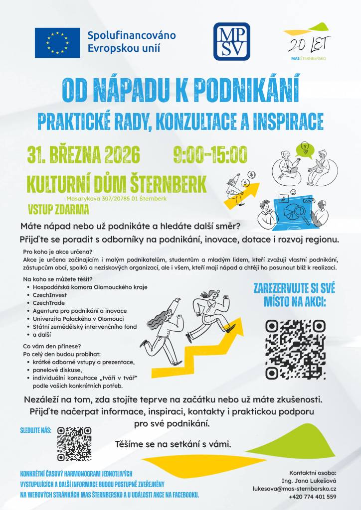V kulturním domě Šternberk se koná podnikatelský den zaměřený na inovace a rozvoj regionu. Akce je zdarma a určena pro široké spektrum účastníků, včetně začínajících podnikatelů a zástupců obcí. Můžete se těšit na odborné vstupy, diskuse a osobní konzultace s odborníky.