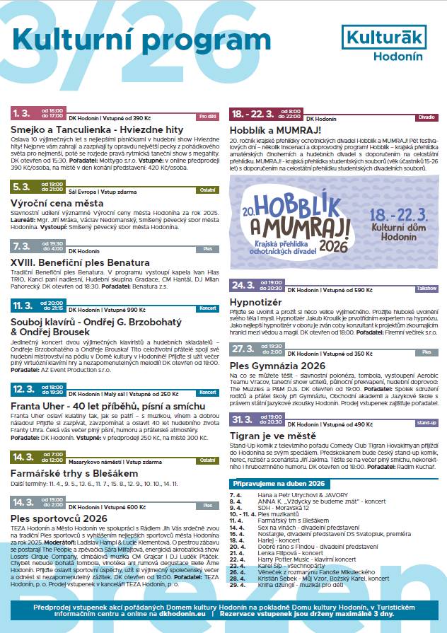 KD HODONÍN - PROGRAM NA BŘEZEN 2026