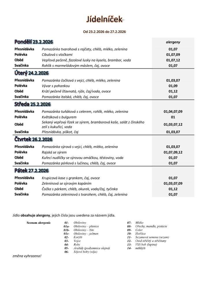Jídelníček základní školy platný v týdnu od 23. do 27.2.2026