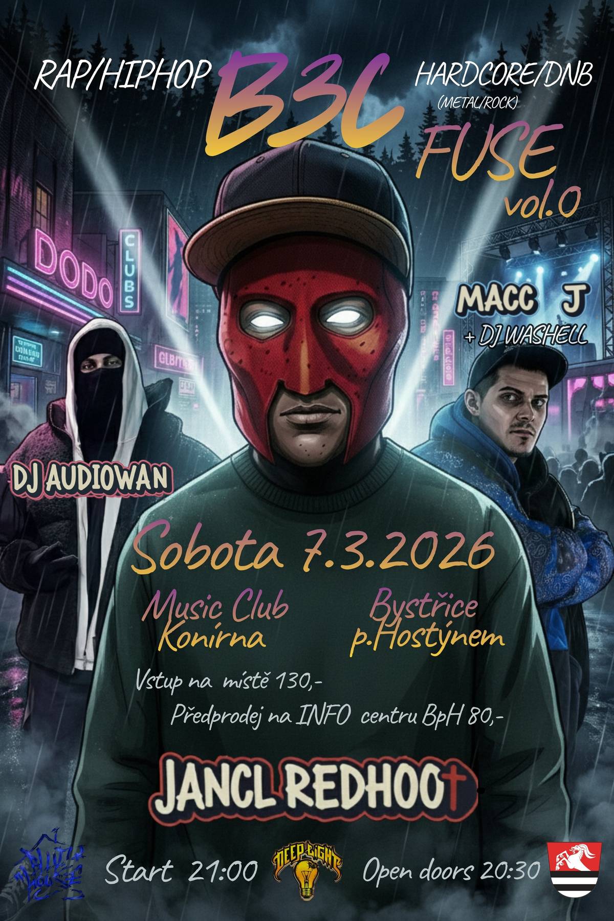 Město Bystřice pod Hostýnem zve na akci  B3C FUSE vol.0  – hudební večer zaměřený na současnou rapovou a DJ scénu.  Akce se uskuteční v sobotu 7. března 2026 od 21:00 hodin v nově renovovaném Music Clubu v zámecké konírně.  Hlavním hostem večera bude domácí maskovaný MC Jancl Redhoot, který představí svou aktuální tvorbu a osobitou koncertní show. Vystoupí také rapová dvojice z Valašského Meziříčí Macc J & DJ Washell. O doprovodný hudební program se postará DJ Audiowan z Holešova Občerstvení zajištěno, vstupné 130 Kč, v předprodeji: 80 Kč. Předprodej vstupenek v městském informačním centru.  ------------------------------------------------------------------------------------------- Město Bystřice pod Hostýnem ve spolupráci s Lukášem Langmajerem zve také na divadelní představení TAK TO JSME JEŠTĚ NEVIDĚLI, MARIE ve čtvrtek 26. března 2026 v 19:00 hod v Kině Klub Sušil. Autorské představení Lukáše Langmajera a Libora Jeníka nabídne  divadelní revue ze světa herců.  V hlavních rolích: Lukáš Langmajer, Libor Jeník, Lucia Jagerčíková Nývltová v alternaci s Michaelou Zemánkovou. Vstupenky již v prodeji on-line na vstupenky.bystriceph.cz nebo v pokladně městského informačního centra.