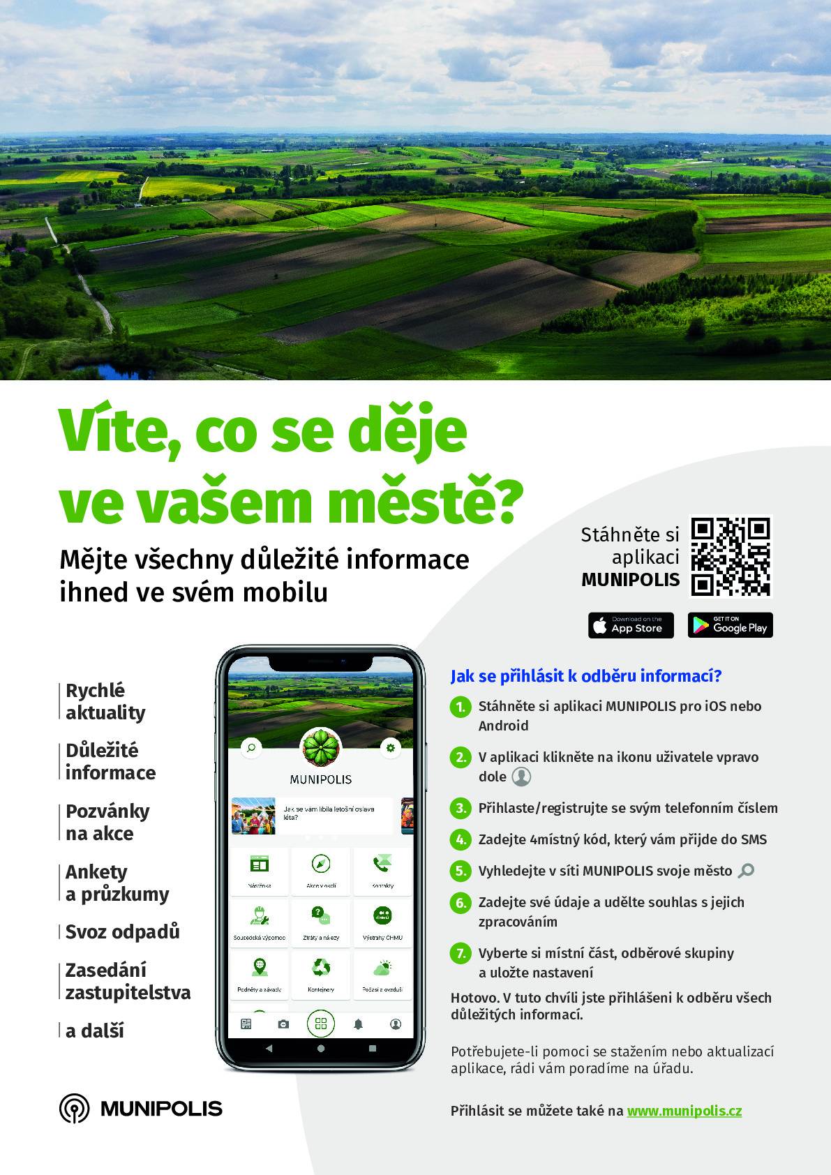Vážení občané, v souvislosti s plánovanou dočasnou úpravou dopravního režimu v okolí kulturního centra, která začne v pondělí 9. března, Vás chceme včas a přehledně informovat o všech aktuálních změnách, termínech i případných omezeních, které nás čekají. 👉 V případě, že o tyto informace máte zájem, doporučujeme vám zakliknout v aplikaci MUNIPOLIS nově zřízenou skupinu „Dopravní režim v okolí kulturního centra“. Díky tomu Vám budeme zasílat aktuální informace přímo k tomuto tématu. ☝ Jak na to? 👉 Postup, včetně QR kódu, je přehledně znázorněn na přiloženém letáčku. Stačí se přihlásit do svého profilu, a v sekci Odběrové skupiny vybrat skupinu „Dopravní režim v okolí kulturního centra“. 👉 Druhou možností je zatrhnout níže možnost "Chci zařadit do skupiny Dopravní režim v okolí kulturního centra" a my Vás mezi občany, kteří budou informace dostávat, zařadíme automaticky. Děkujeme