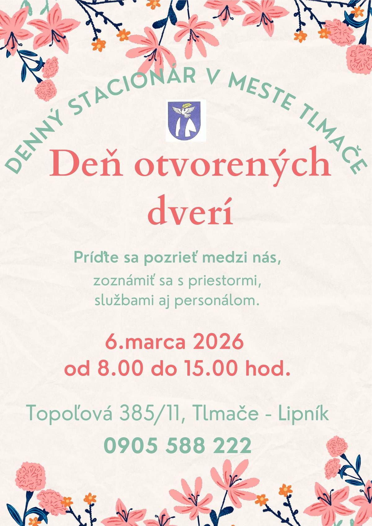 DENNÝ STACIONÁR V MESTE TLMAČE Kontakt:  ➡️Topoľová 385/11, 935 21 Tlmače-Lipník ➡️ denny.stacionar@mestotlmace.sk ➡️0905 588 222 ·  DS je pre klientov odkázaných na sociálnu službu od 18 rokov ·  Otvorené v pracovné dni od 7:00 do 16:00 ·  Služba pri odkázanosti na pomoc inej fyzickej osoby (7,50€/celý deň; 5€/pol dňa) ·  Stravovanie - raňajky, desiata, obed, olovrant ·  Dostupné aj pre samoplatcov (bez Integrovaného posudku) ·  Nárok na peňažný príspevok na opatrovanie nezaniká ·  Možnosť odvozu a dovozu klienta autom do a z denného stacionára ·  Aktivizácia a socializácia klientov (záujmová a pohybová činnosť, relaxácia, tréningy pamäte a pod.) · Poradenstvo pri vybavovaní potrebných dokladov, sociálne poradenstvo Aké výhody prináša denný stacionár? Denný stacionár predstavuje medzistupeň medzi domácou starostlivosťou a pobytovým zariadením (napr. domovom dôchodcov). Jeho hlavným cieľom je umožniť klientom zostať v domácom prostredí, pričom im je cez deň poskytovaná odborná starostlivosť a program a taktiež pre opatrujúcich prinesie možnosť oddychu, ako aj sebarealizácie v súkromnom aj pracovnom živote. 1.   Sociálny kontakt a prevencia osamelosti 2.   Odborný dohľad a bezpečnosť 3.   Zmysluplný program a aktivizácia 4.   Odľahčenie pre opatrovateľov, rodinných príslušníkov 5.   Zachovanie domáceho prostredia 6. Cenová dostupnosť, bez straty nároku na peňažný    príspevok na opatrovanie   PRÍĎTE MEDZI NÁS