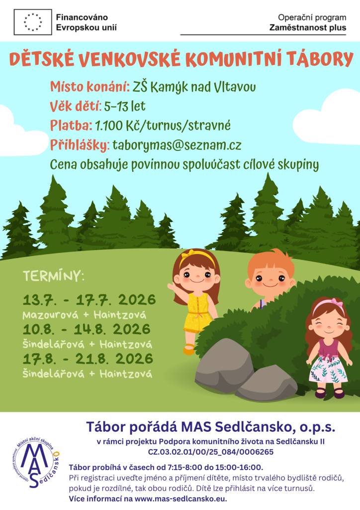 MAS Sedlčansko, o.p.s. pořádá v termínu letních prázdnin dětské venkovské komunitní tábory pro děti od 5 do 13 let v Základní škole v Kamýku nad Vltavou. Přihlášky dětí se zasílají na e-mail: taborymas@seznam.cz