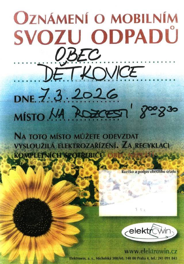 Dne 7.3.2026 od 8,00 - 8,30 hod  přistaví firma Respono s.r.o kontejner na nebezpečný odpad a elektroodpad. Kontejner bude umístěn na rozcestí. Do přistaveného kontejneru odkládejte pouze určený odpad dle přiloženého letáku.