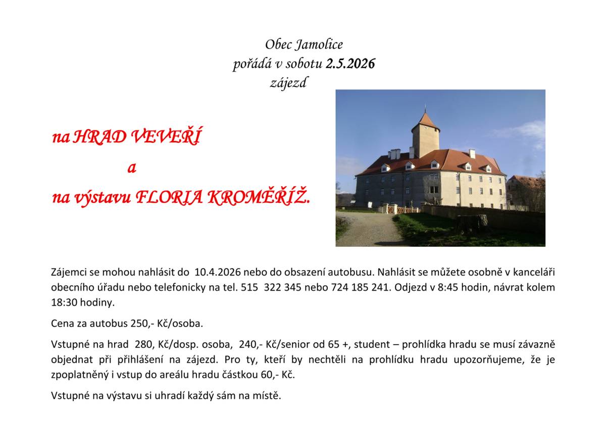 Zájezd na HRAD VEVEŘÍ A FLORII KROMĚŘÍŽ 2.5.2026