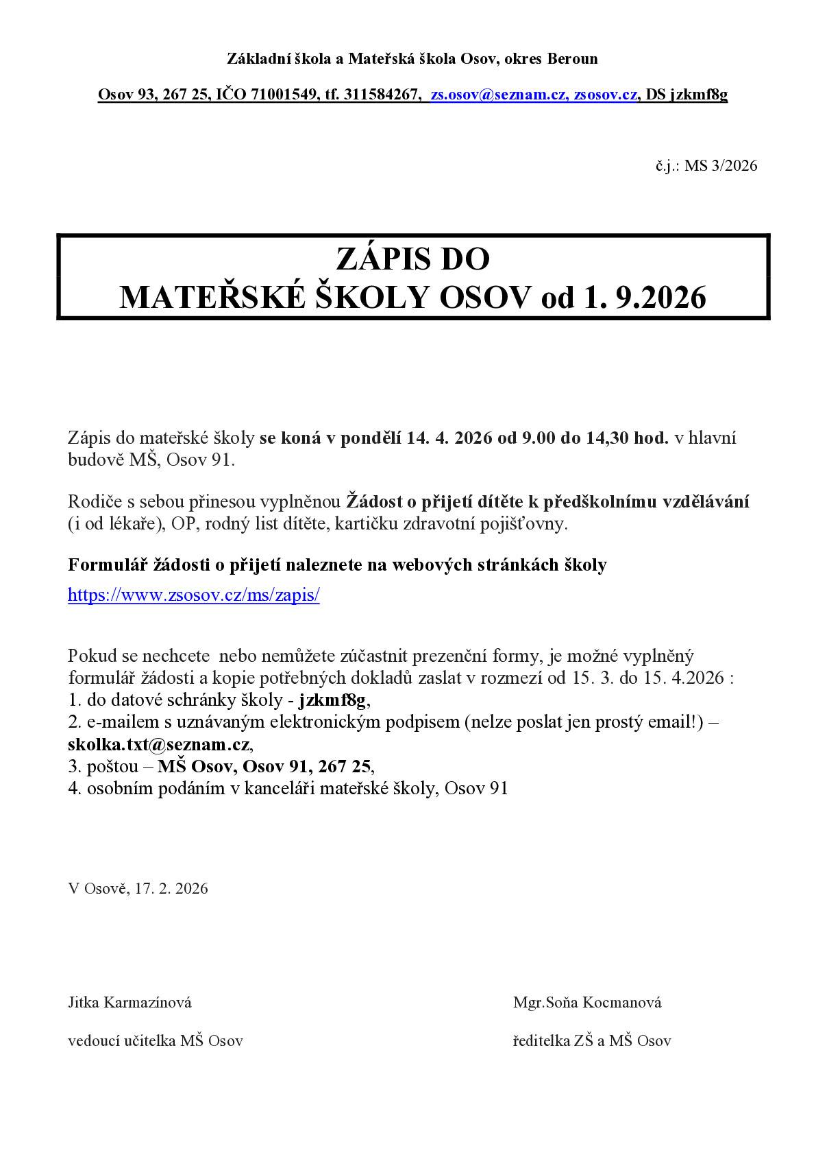 Zápis do mateřské školy Osov