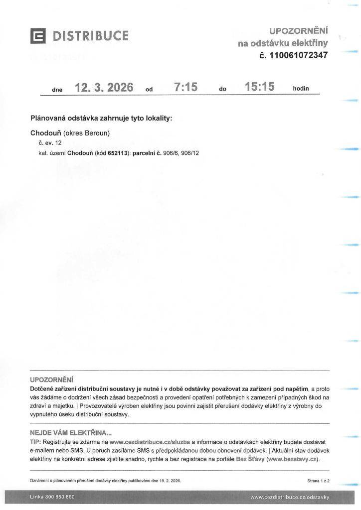Oznámení o přerušení dodávky el. energie dne 12.3. 2026 od 7:15 do 15:15