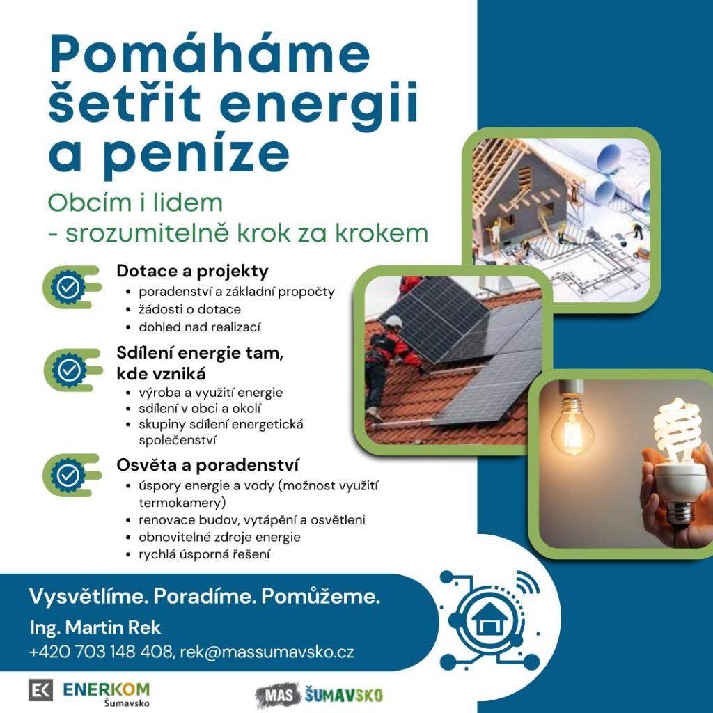 Naše organizace se snaží pomoci obcím i jednotlivcům šetřit energii a peníze. Krok za krokem nabízíme poradenství v oblastech jako jsou dotace, projekty a využívání obnovitelných zdrojů energie. Zajišťujeme dohled nad realizací a poskytujeme cenné informace o úsporných řešeních.