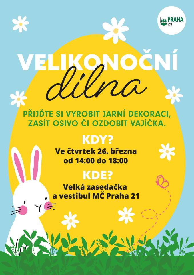 Srdečně Vás zveme na již tradiční Velikonoční dílnu. Přijďte nasát jarní atmosféru při společném tvoření dekorací. Akce se koná dne 26.března 2026 od 14–18 hod. ve velké zasedací místnosti a vestibulu úřadu MČ Praha 21.