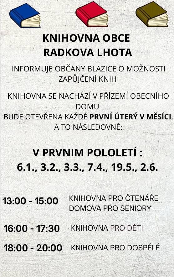 Informuje občany Blazice o možnosti zapůjčení knih.