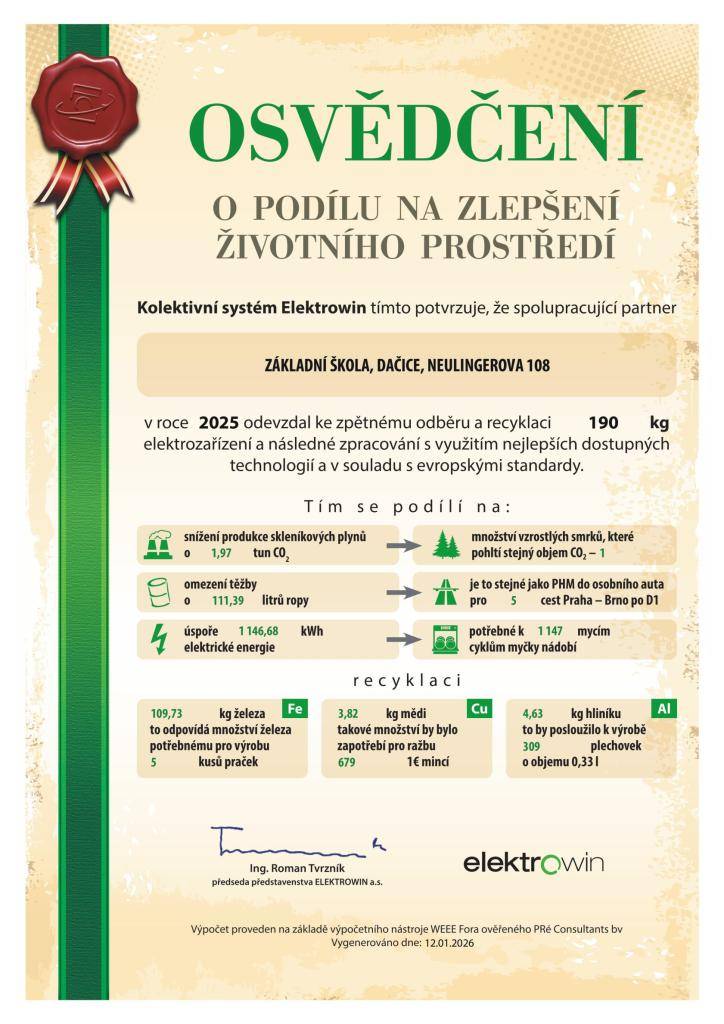 Naše škola se v roce 2025 podílela na zlepšení životního prostředí sběrem a recyklací elektrozařízení o celkové hmotnosti 190 kg.