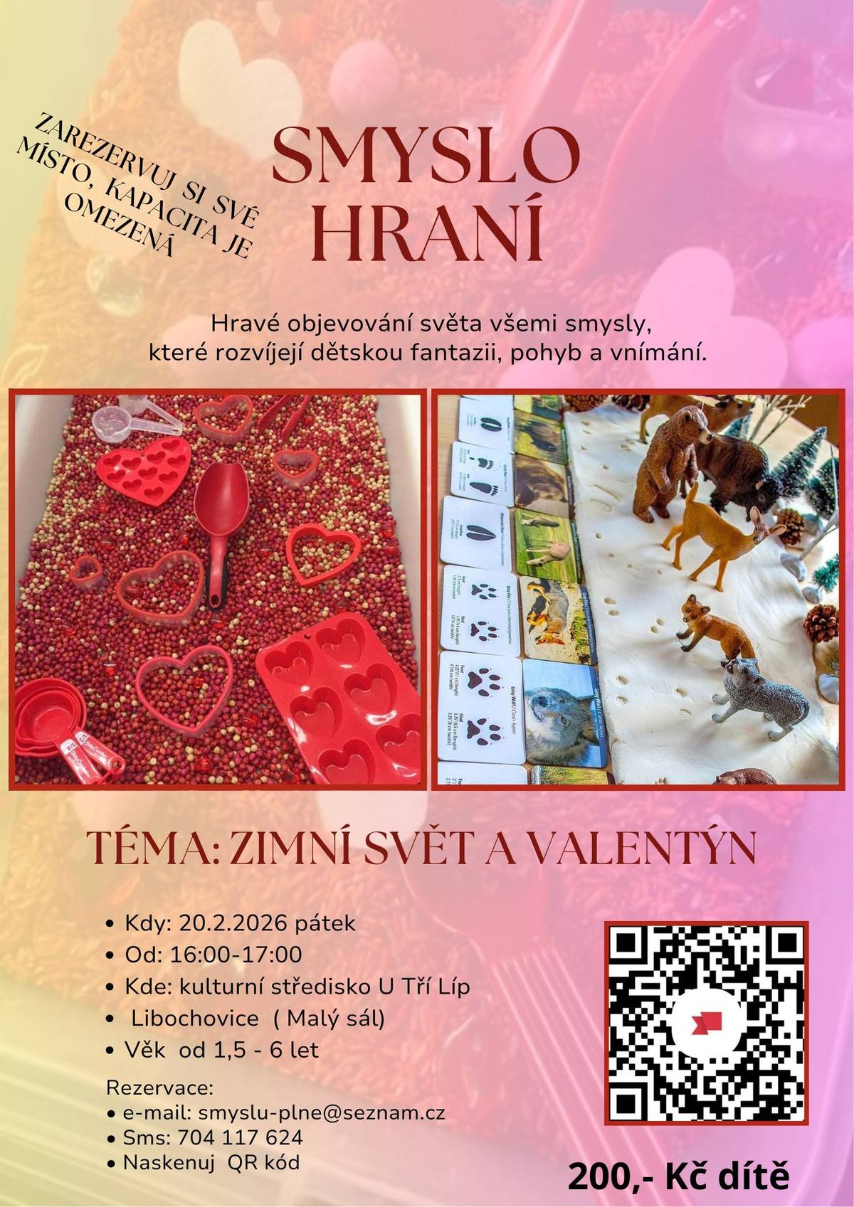 Zítra od 16:00 proběhne v KS U Tří lip další Smyslohraní pro děti od 1,5 do 6 let, tentokrát na téma zimní svět a Valentýn. Přijďte si s dětmi společně užít hravé objevování světa všemi smysly. Čeká vás kreativní smyslová herna, která rozvíjí dětskou fantazii, pohyb i vnímání. Cena: 200 Kč / dítě ℹ️ nutná rezervace přes e-mail (smyslu-plne@seznam.cz) nebo mobil (704 117 624).