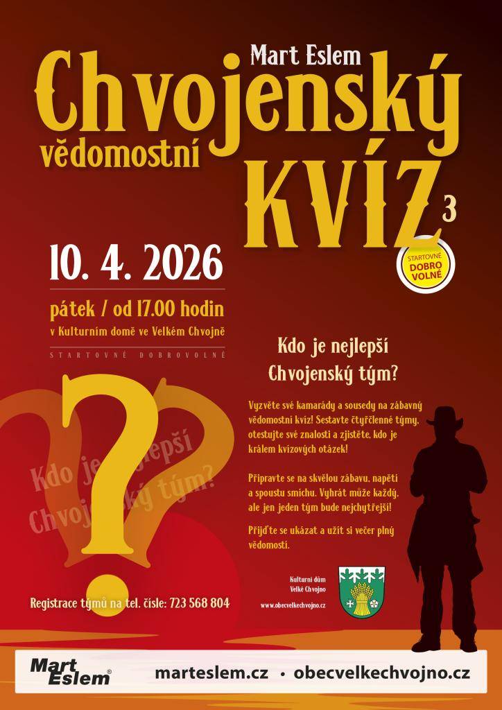 V Kulturním domě ve Velkém Chvojně se v pátek 10. dubna 2026 od 17.00 hodin uskuteční zábavný vědomostní kvíz. Vyzvěte své kamarády a sousedy, sestavte čtyřčlenné týmy a zjistěte, kdo z vás je králem kvízových otázek.