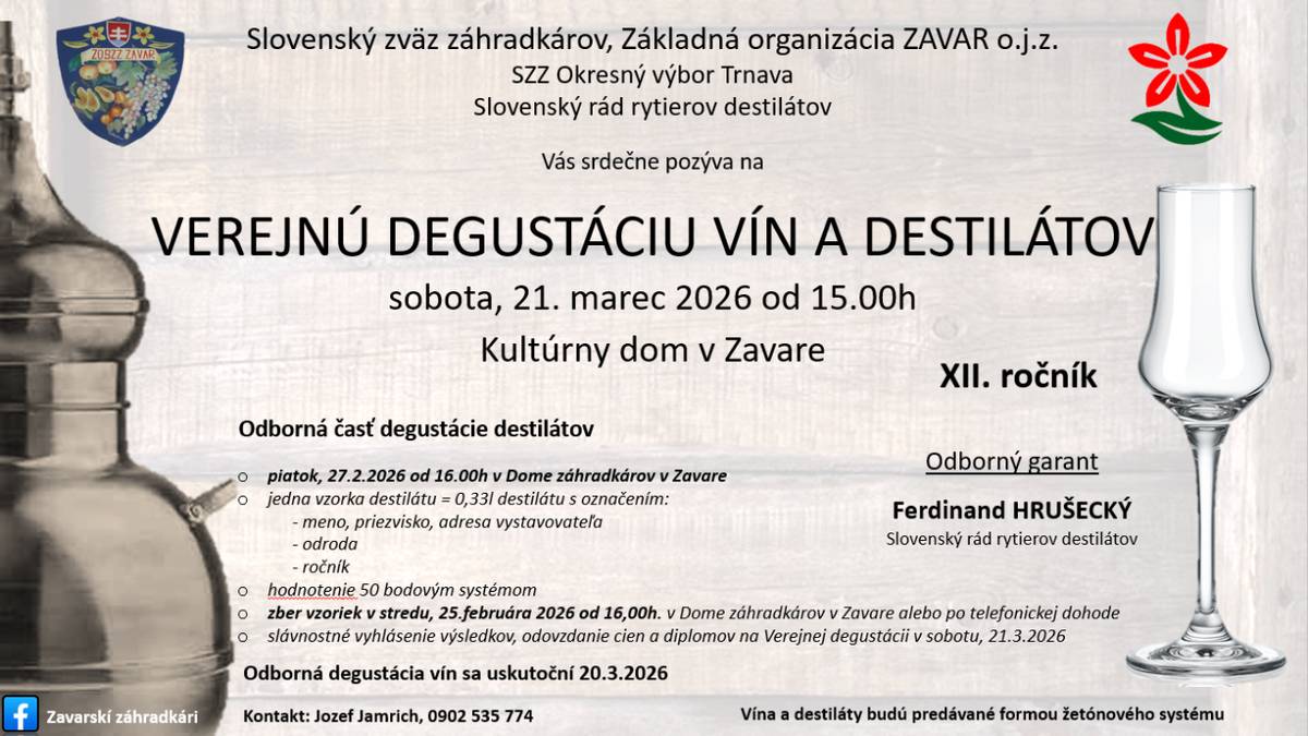 Verejná degustácia vín a destilátov  KD Zavar  21.marca 2026