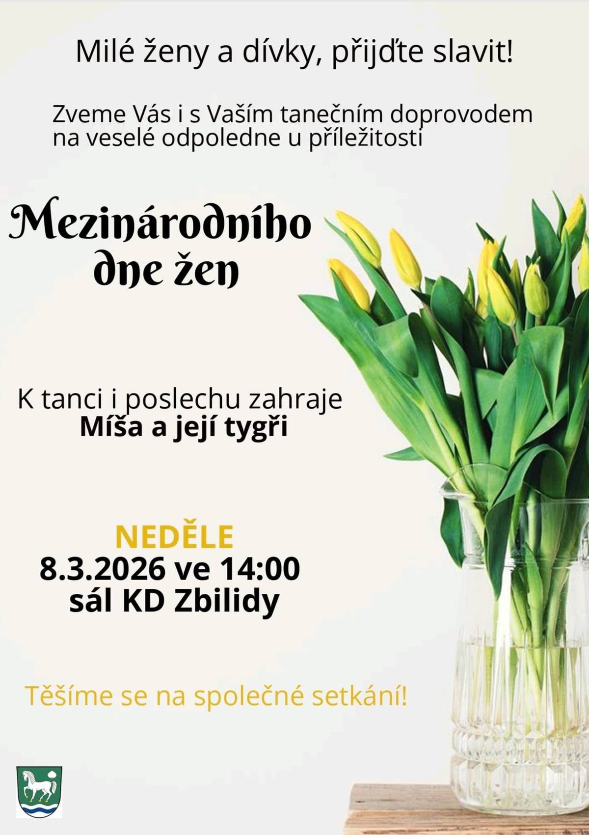 Milé dámy, rádi bychom vás pozvali na oslavu vašeho svátku do kulturního domu ve Zbilidech. Přijďte se pobavit poslechem hudby, tancem a setkáním s vašimi kamarádkami.